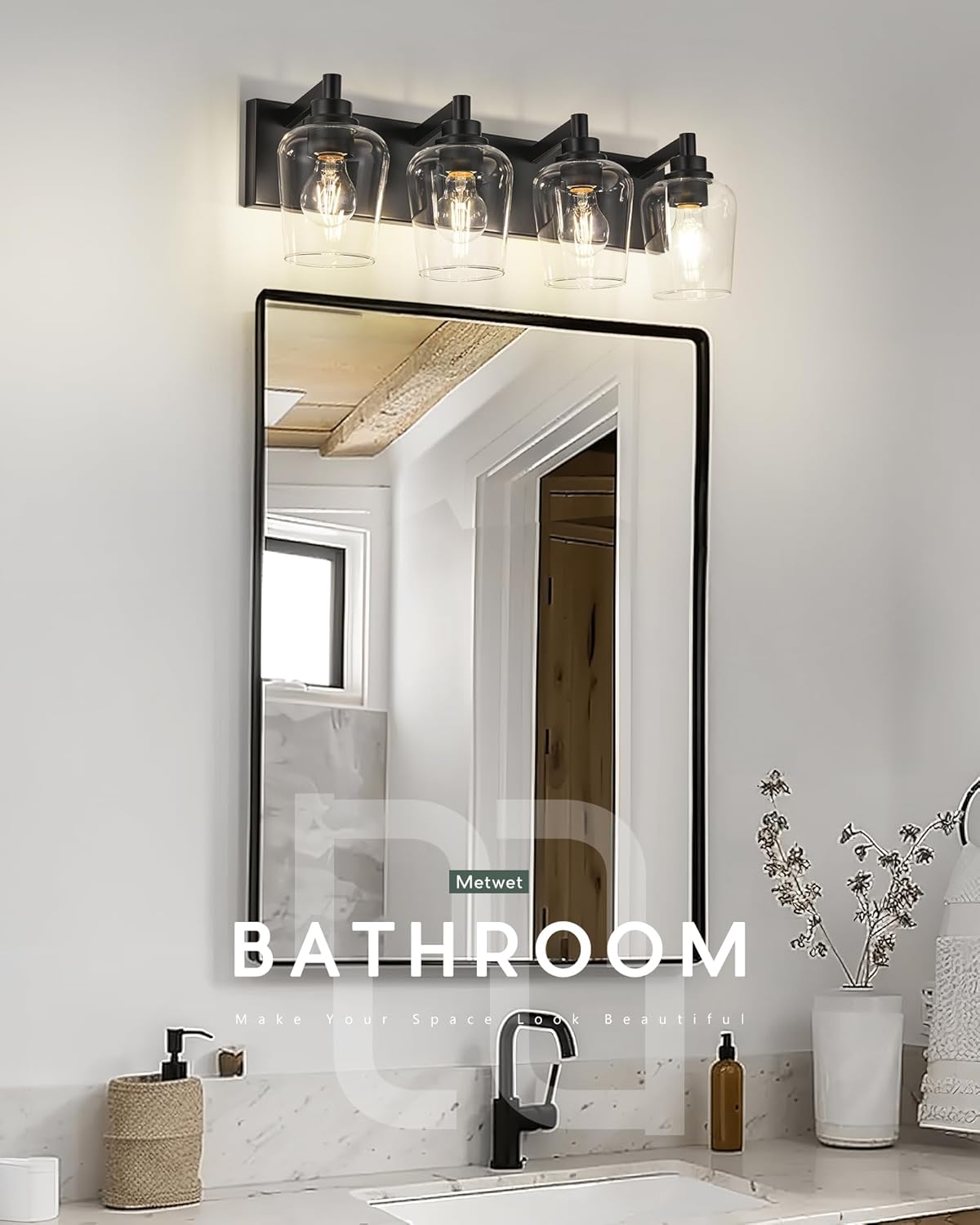 Bathroom Light Fixtures, 4-Light Modern Vanity Light with Clear Glass Wine Glass-Shaped Shade, Vanity Lighting Fixtures Over Mirror, Matte Black, VL155-MB-4