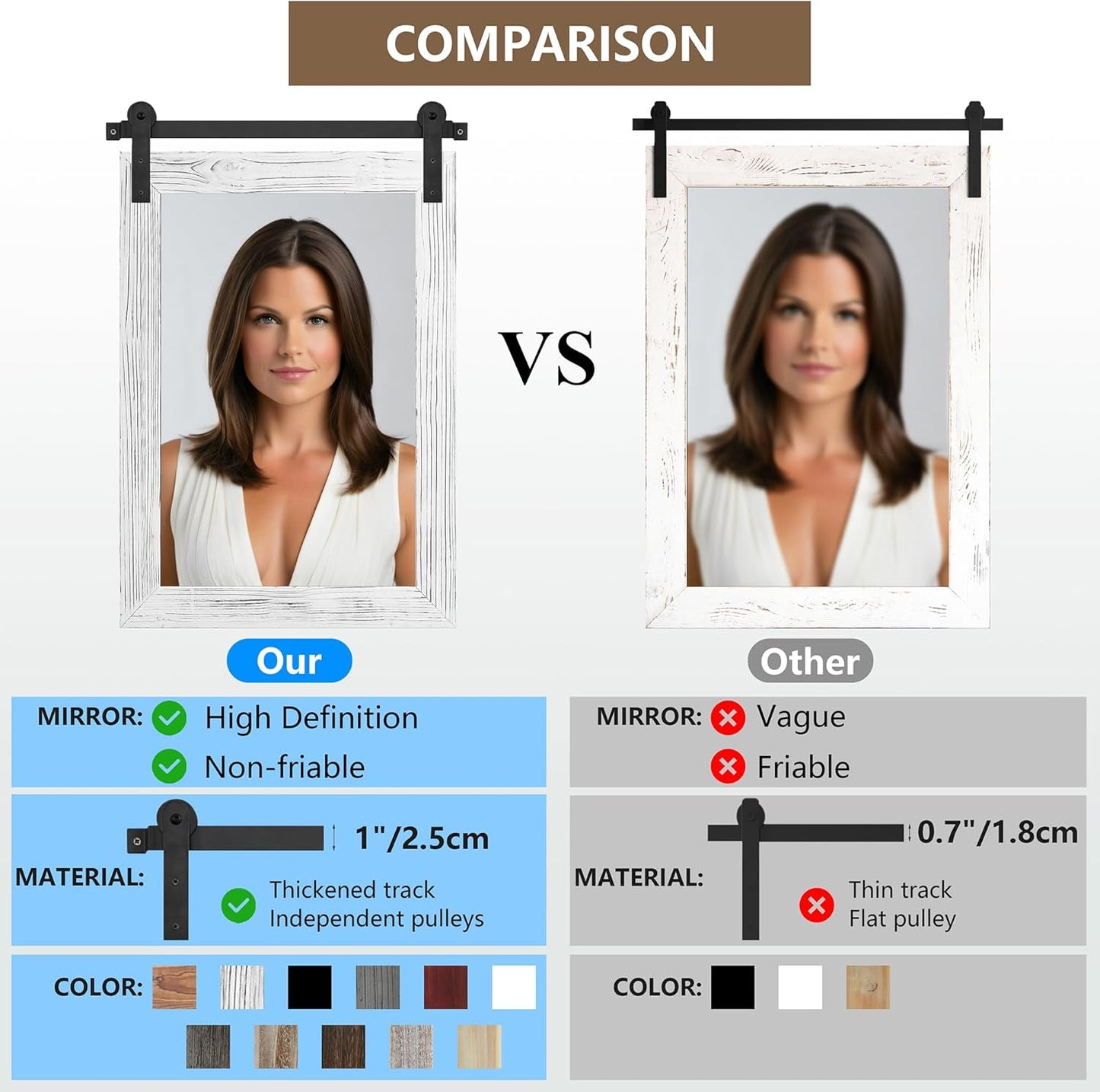 COGOOD Farmhouse Barn Door Mirror - 38" x 25" Rustic Wood Framed Wall Mirror for Bathroom, Living Room, Entryway Wall Decorative (White)