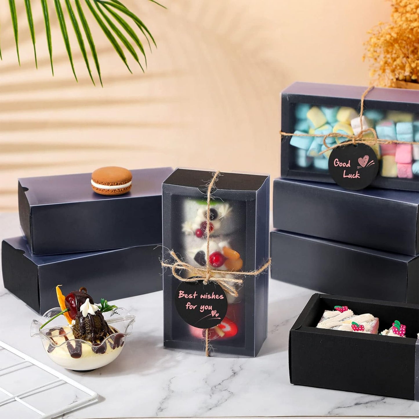 Roowest 50 Sets Kraft Gift Boxes Rectangle Kraft Paper Drawer Box with Window Homemade Soap Box with Blank Tags and Jute String for Jewelry Candy Wrapping Party Favor(Black, 6.3 x 3.5 x 2 Inch)