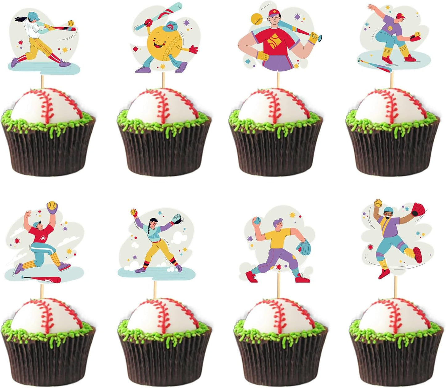 24pcs Baseball Cupcake Toppers Sports Game Baseball Players Cupcake Picks for Sports Baseball Theme Baby Shower Kids Boys Girls Birthday Party Cake Decorations Supplies