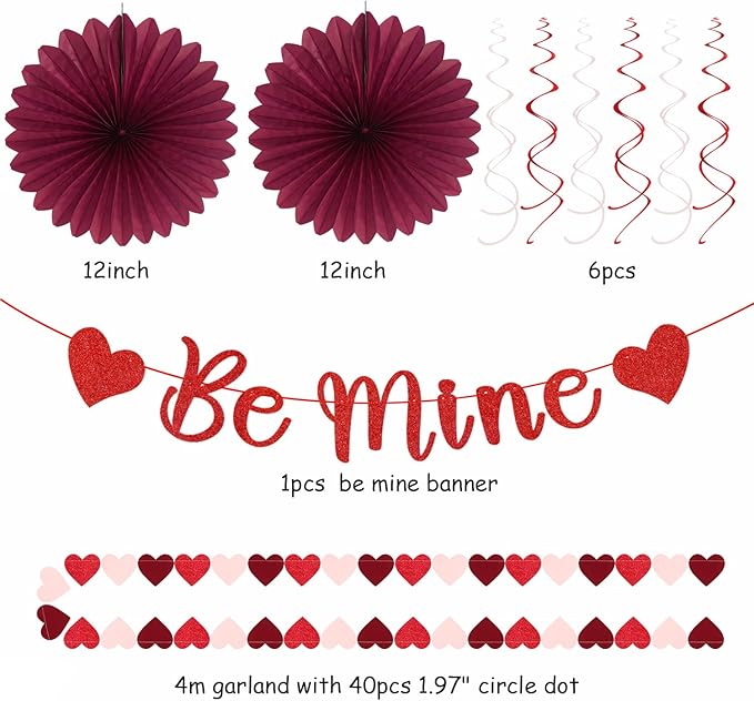 Pink-Red Burgundy Valentines-Day Galentines Party-Decorations - 22pcs Be Mine Love Banner,Paper Lanterns Honeycomb Balls,Tissue Pom Poms Flowers Fans,Happy Anniversary Decor Supplies Hugmoon