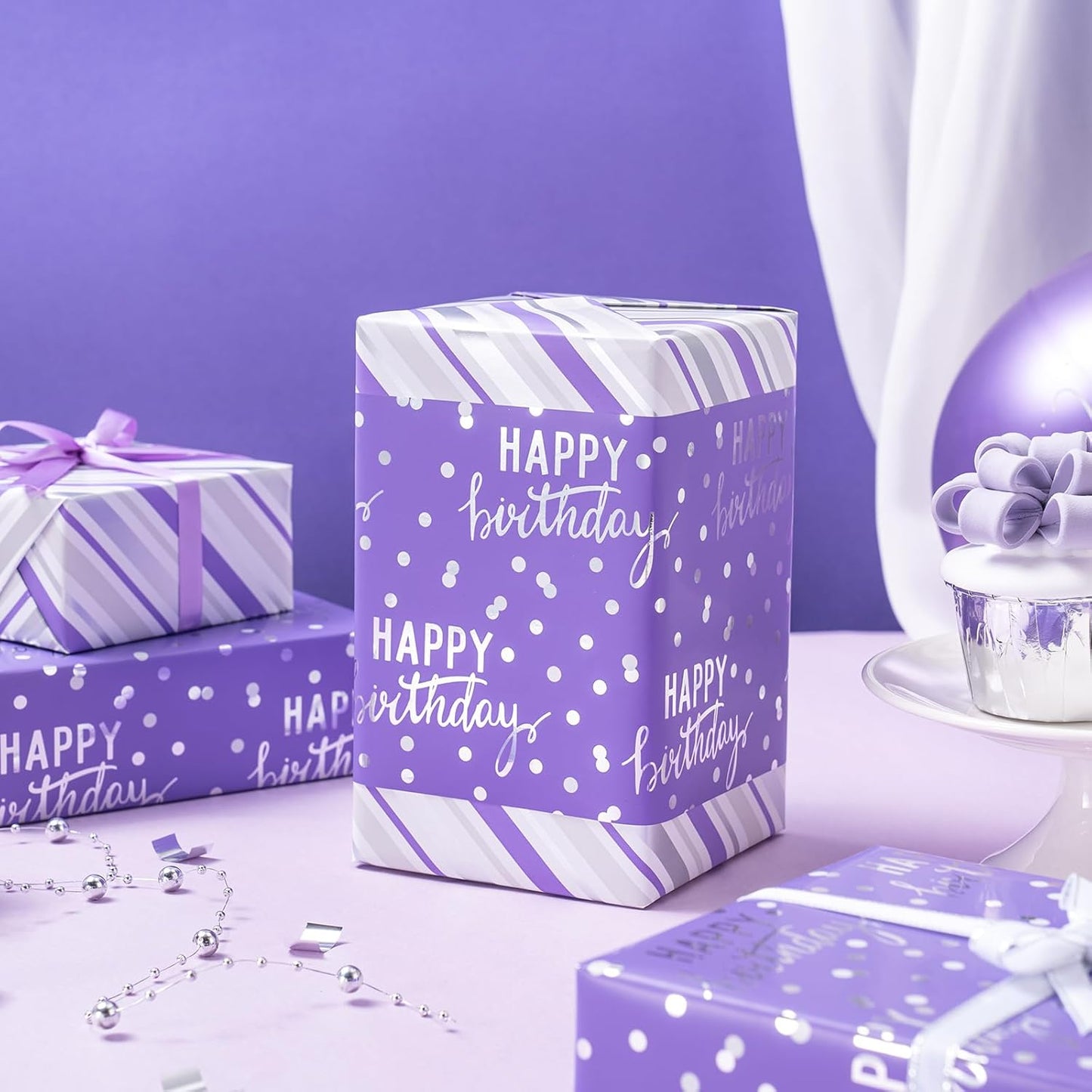 LeZakaa Reversible Purple Birthday Wrapping Paper Roll for Girls Women, Happy Birthday Lettering & Stripe Pattern with Metallic Foil in Purple, Mini Roll, 17 inches x 32.8 Feet (46.45 sq.ft.)