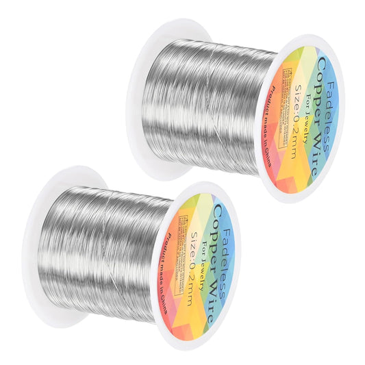 2-Rolls 0.2mm Jewelry Wire, 32 Gauge 328FT Craft Wire Copper Beading Wire for Jewelry Making/Planting/Weaving/DIY Crafting, Soft Metal Wires [100M, Silver White]