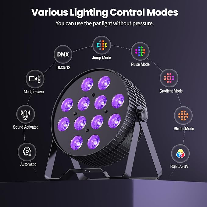 Betopper LED Stage Lights, 12X18W DJ Par Light, RGB+Lime+Amber+UV 6-in-1 Wash/Strobe Effect Stage Lighting, DMX512/Sound Activated Uplighting Lights for DJ, Parties, Concerts, Bars, 2-Pack