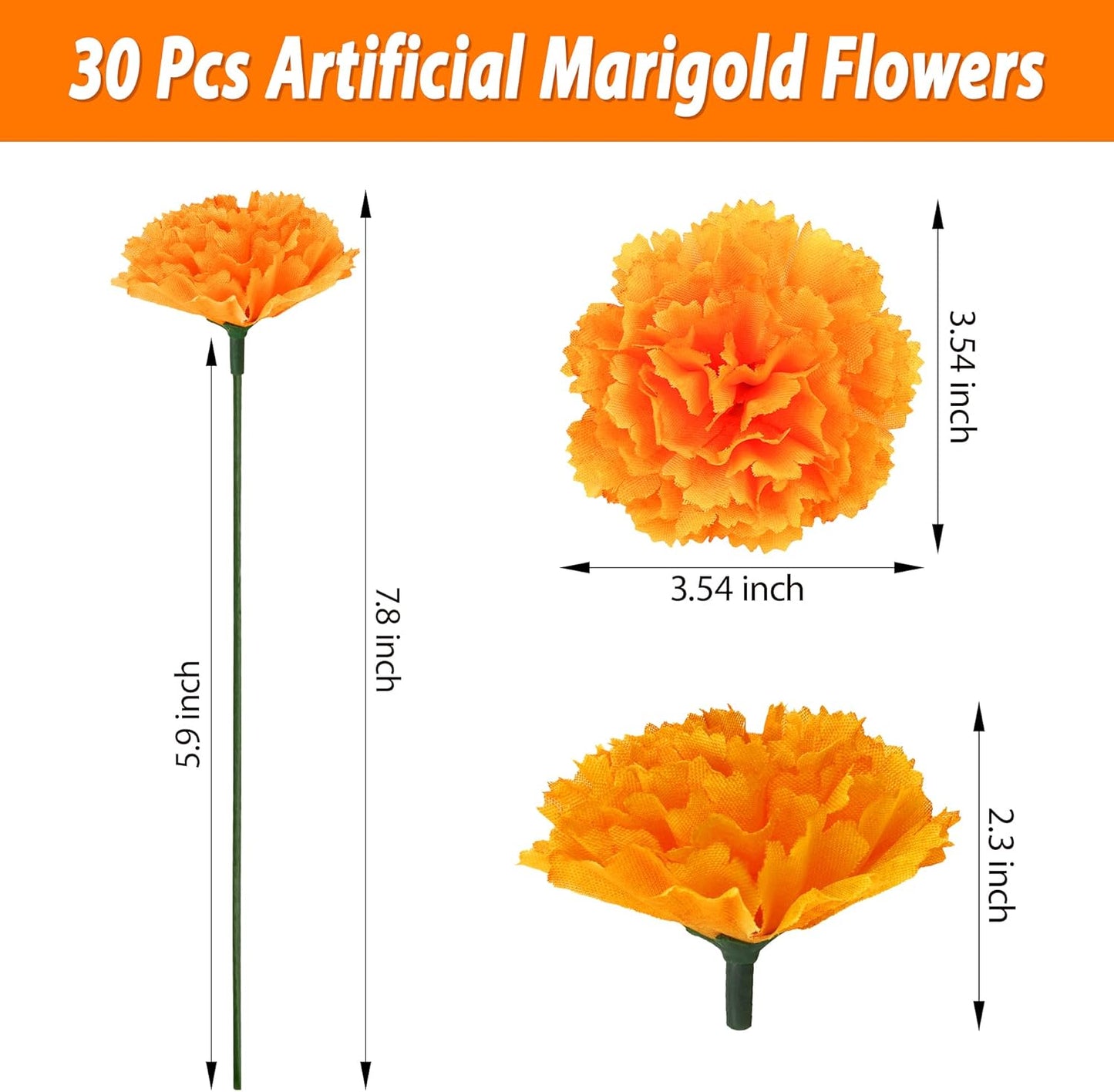 30 Pcs Artificial Marigold Flowers,3.54" Silk Marigold Flower Heads with Stems,Orange Flowers Artificial for Diwali Decor,Indian Wedding,Home,DIY Wreath Garland,Day of The Dead Decorations
