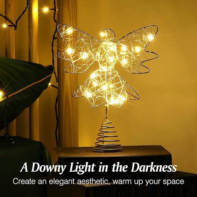 Lewondr Christmas Tree Topper Angel, USB Powered Remote Controlled 9.8 Inch Glittering Angel Christmas Tree Topper, 6H Timer Christmas Tree Angel Topper with Lights for Xmas Home Holiday Party, Gold