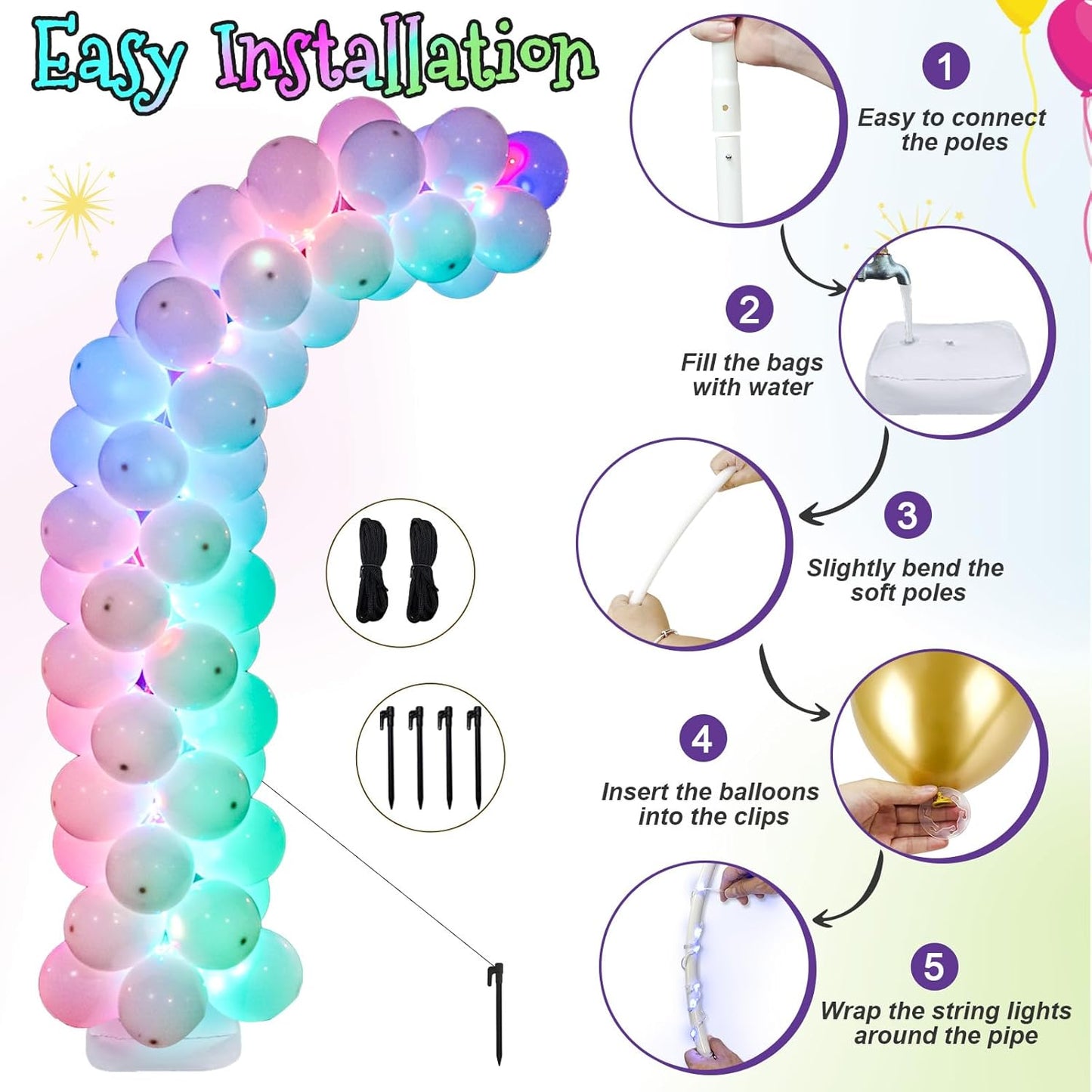 AerWo Lighted Balloon Arch Kit 8.2FT & 6FT, Free Bending Top Half Balloon Arch Stand with Base, Floor Frame for Wedding Birthday Party Baby Shower Yard Lawn Home Halloween Decorations