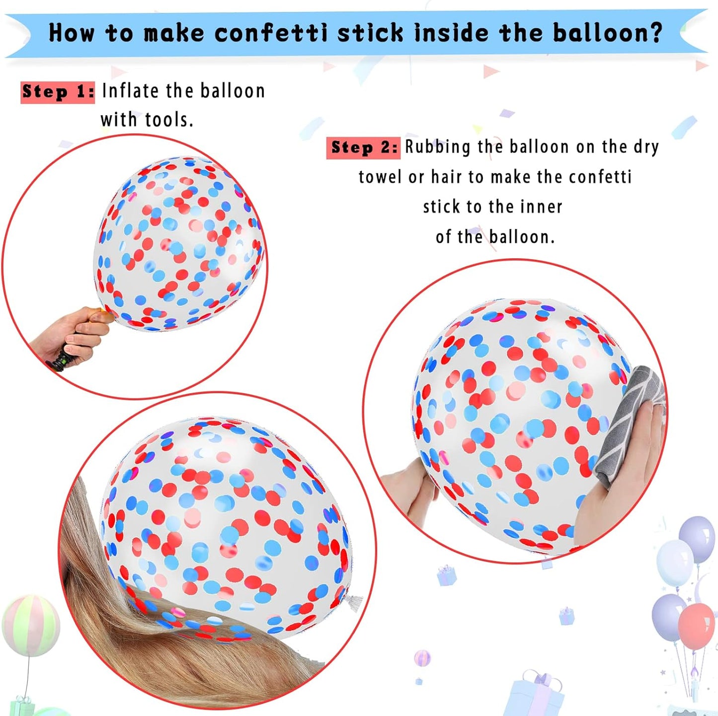 Paready Red and Blue Latex Balloons, 30 Pcs 12 Inch White and Red Blue Confetti Balloons with Ribbons for 4th of July Independence Day Birthday Baby Shower American Party Graduation Decoration