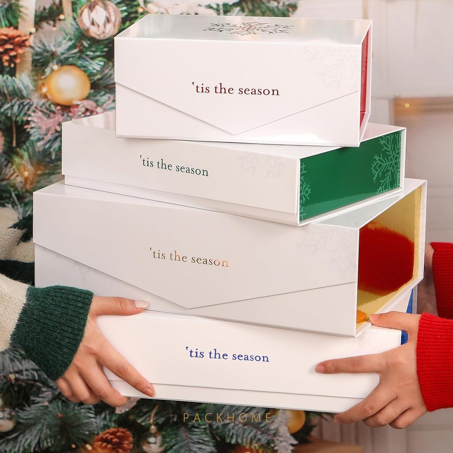 PACKHOME Christmas Gift Box 13x9.7x3.4 Inches, Large Gift Box with Lid, Sturdy Shirt Box with Magnetic Lid for Wrapping Gifts (Green Snowflake Pattern)