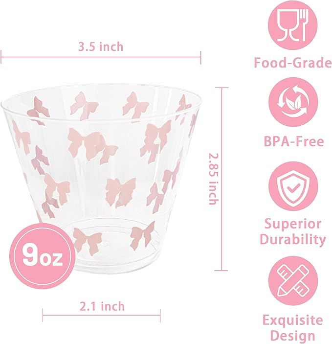 I00000 100 Pcs 9 oz Clear Plastic Cups with Pink Bow, Clear Disposable Cups Wine Glasses Cocktail Glasses Premium Cup Perfect for Wedding, Birthday & Party