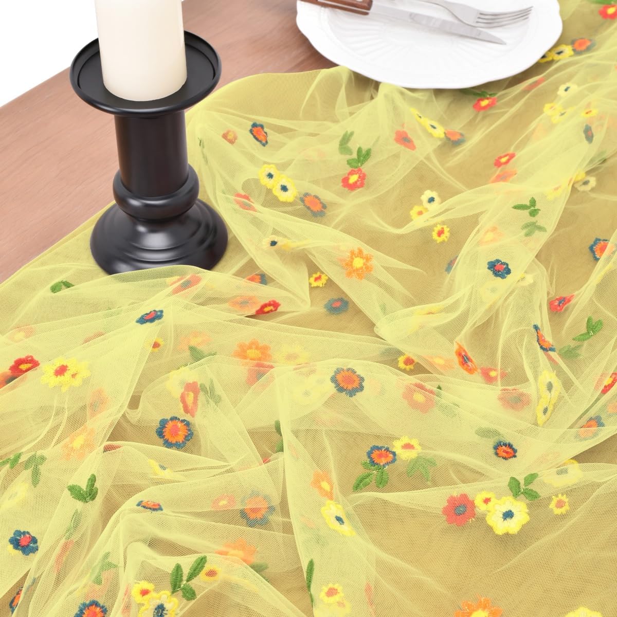 Joanlody Yellow Embroidery Daisy Fall Thanksgiving Table Runner Florals Seasonal Tulle Table Runner Holiday Kitchen Dining Table Decoration Wedding Party