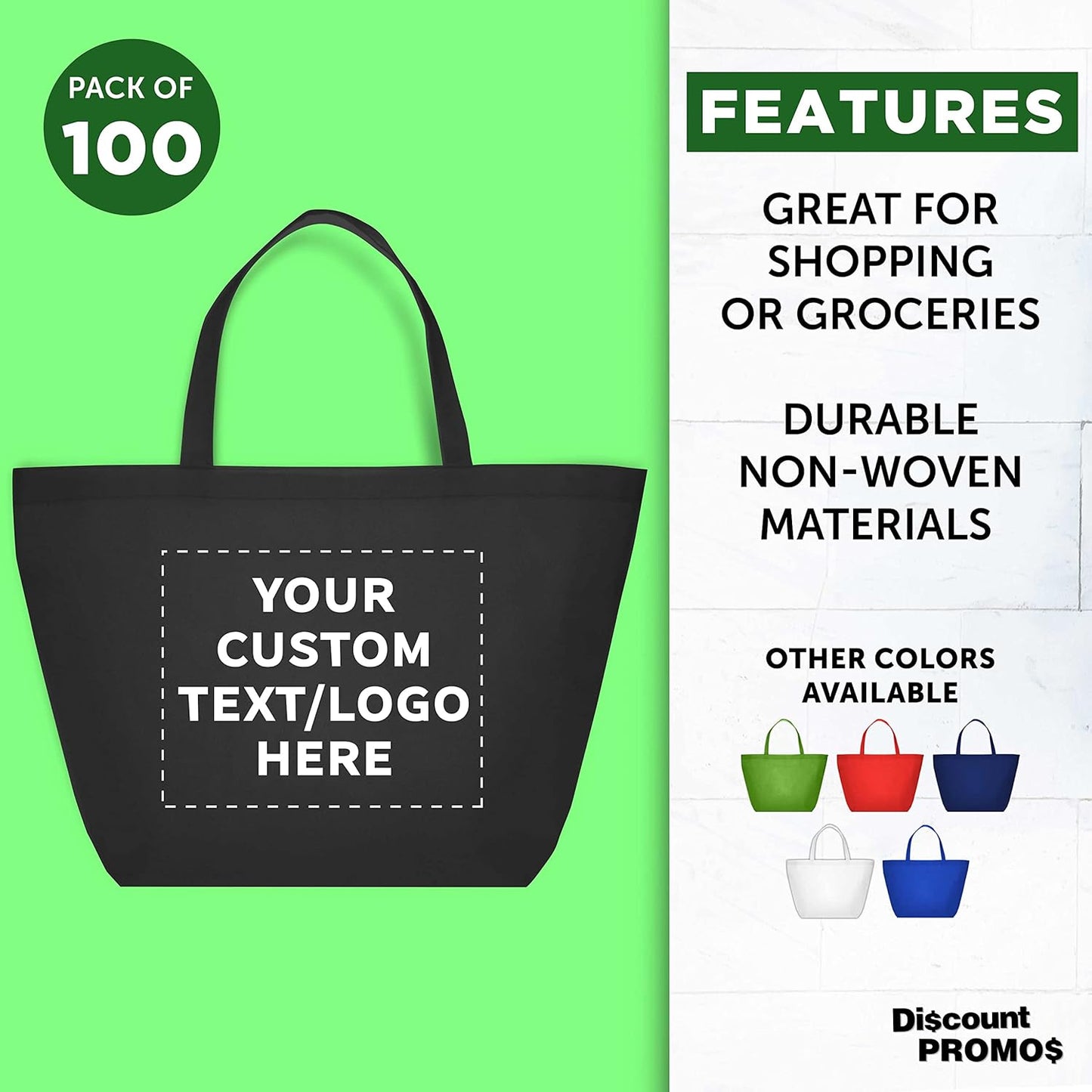 DISCOUNT PROMOS Custom Southern Style Grocery Tote Bags Set of 100 - Personalized Bulk Pack, Reusable Grocery & Shopping Bags - Great for Travel, Carry on Bag, Business Promotions - Black - 20"X13"X8"