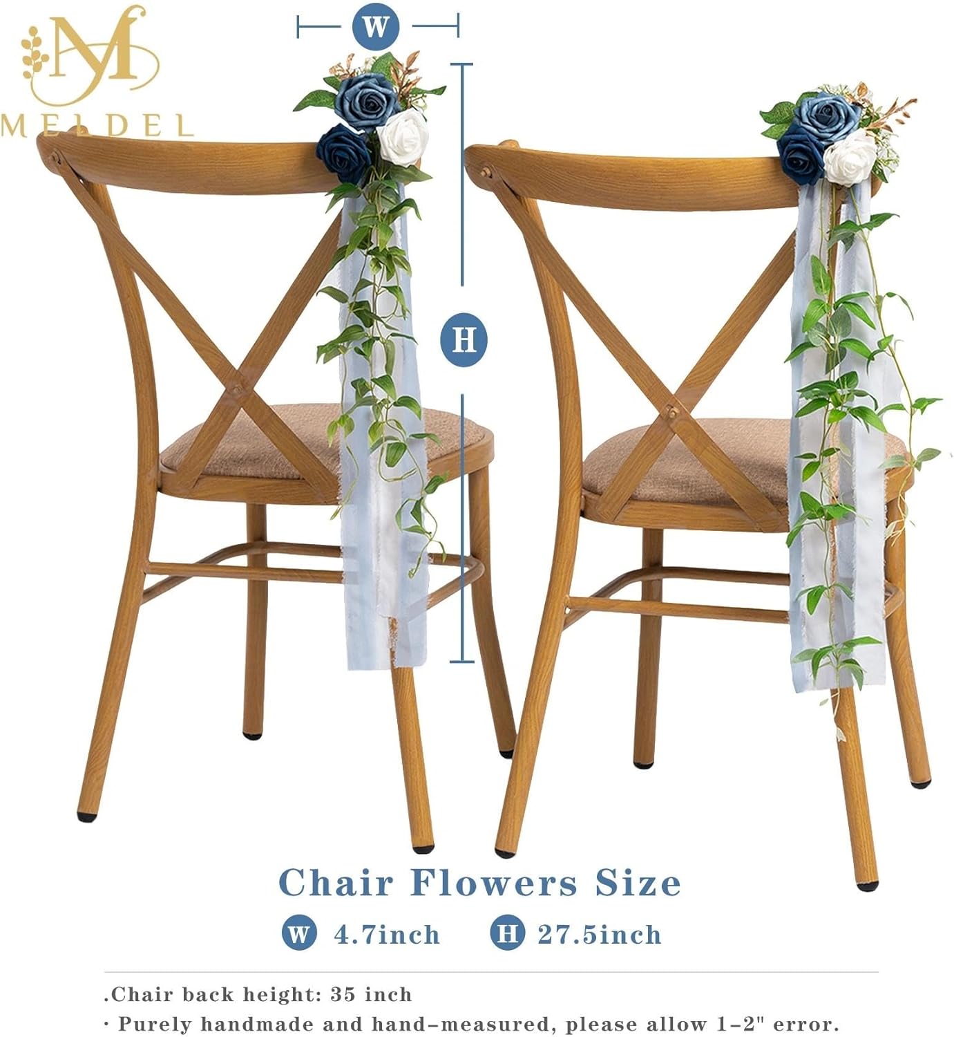 Meldel 10Pcs Elegnat Wedding Chair Back Decorations Aisle Artificial Blue White Rose Flowers Garland with Ribbion for Ceremony Reception and Reception Seating Arrangements Party Outdoor Decor