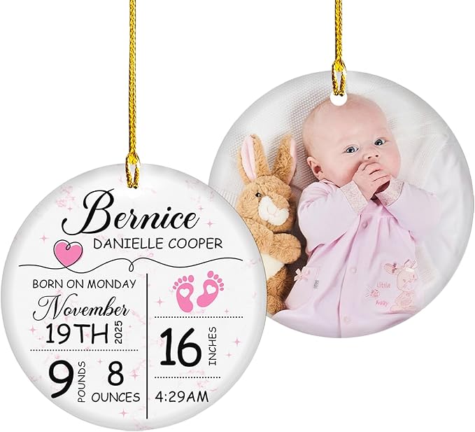 Personalized Baby's Birth Stats Ornament - Baby's First Christmas Ornaments - Custom Photo Ceramic Ornament - Baby Announcement Ceramic Hanging Decor - Xmas Home Decorations