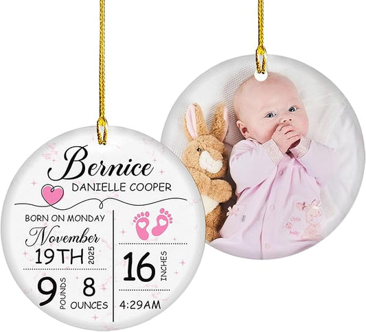 Personalized Baby's Birth Stats Ornament - Baby's First Christmas Ornaments - Custom Photo Ceramic Ornament - Baby Announcement Ceramic Hanging Decor - Xmas Home Decorations