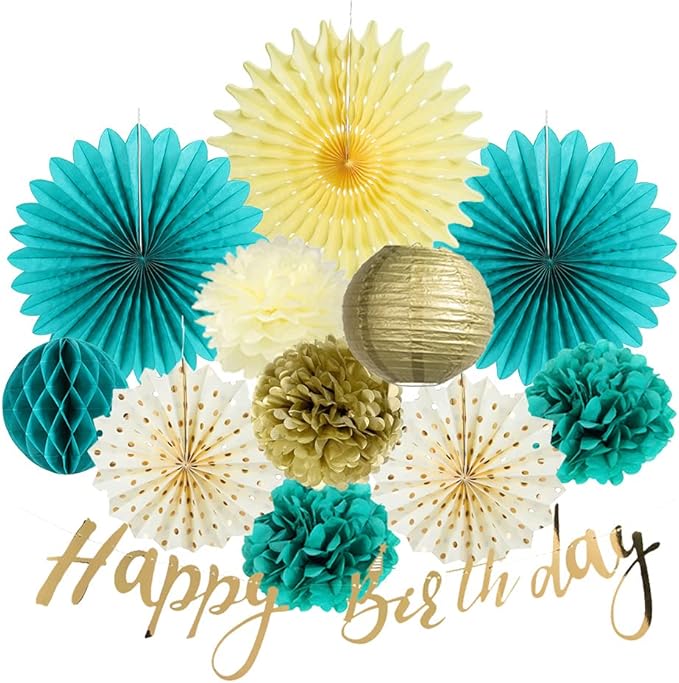 SUNBEAUTY Teal & Gold Party Decorations - Paper Fans, Tissue Pom Poms, Happy Birthday Banner for Baby Showers & Women's 30th/40th Birthdays