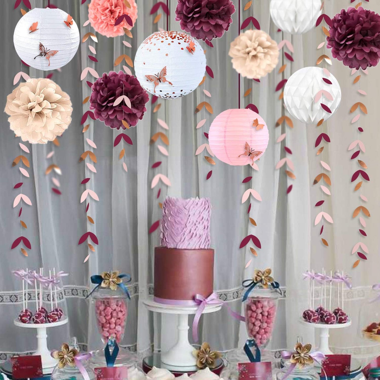 Burgundy Rose gold Pink Party Decorations Lanterns Flowers Pom Pom with 3D Butterfly Stickers and Leaf Garland Streamers for Birthday Engagement Wedding Bridal Shower Bachelorette Fall Autumn Party
