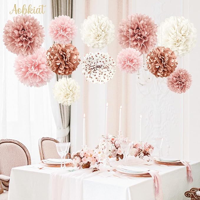 AOBKIAT Wedding Decorations Tissue Paper Pom Poms - 12 PCS Rose Gold Pink White Paper Flower Pom Pom Kit Decorations for Wedding Birthday Baby Shower Bachelorette Bridal Shower Party Supplies