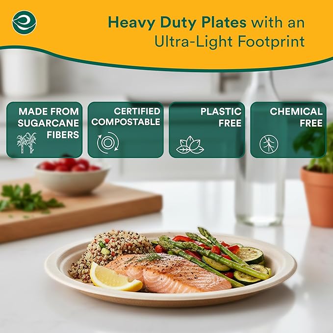ECO SOUL Compostable 9 Inch(500-Pack) Biodegradable Heavy-Duty Disposable Eco-Friendly Paper Plates for Christmas Dinner & Parties, Wedding, Event
