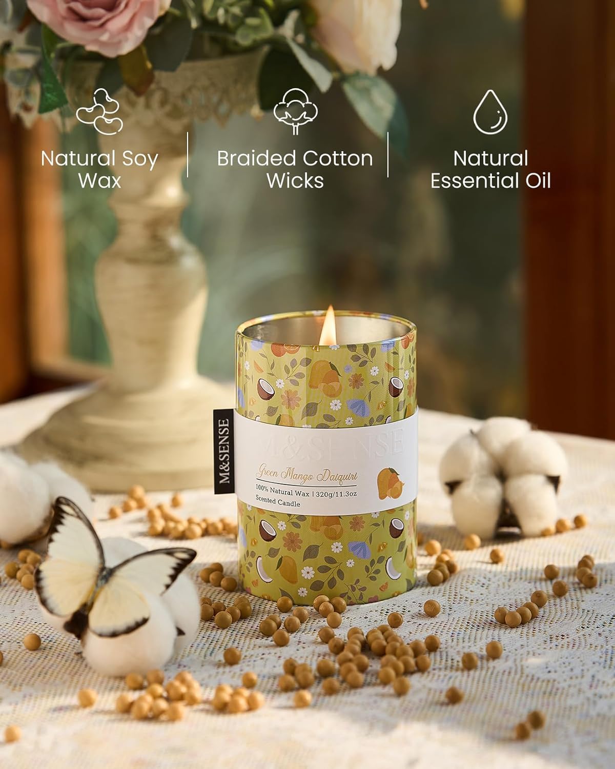 M&SENSE Green Mango Daiquiri Scented Candle, Medium Jar Candle 11.3oz Natural Soy Wax for Home Scented, Floral Candles Gift for Spring Holiday, Up to 70 Hours Burning Long-Lasting Fragrance