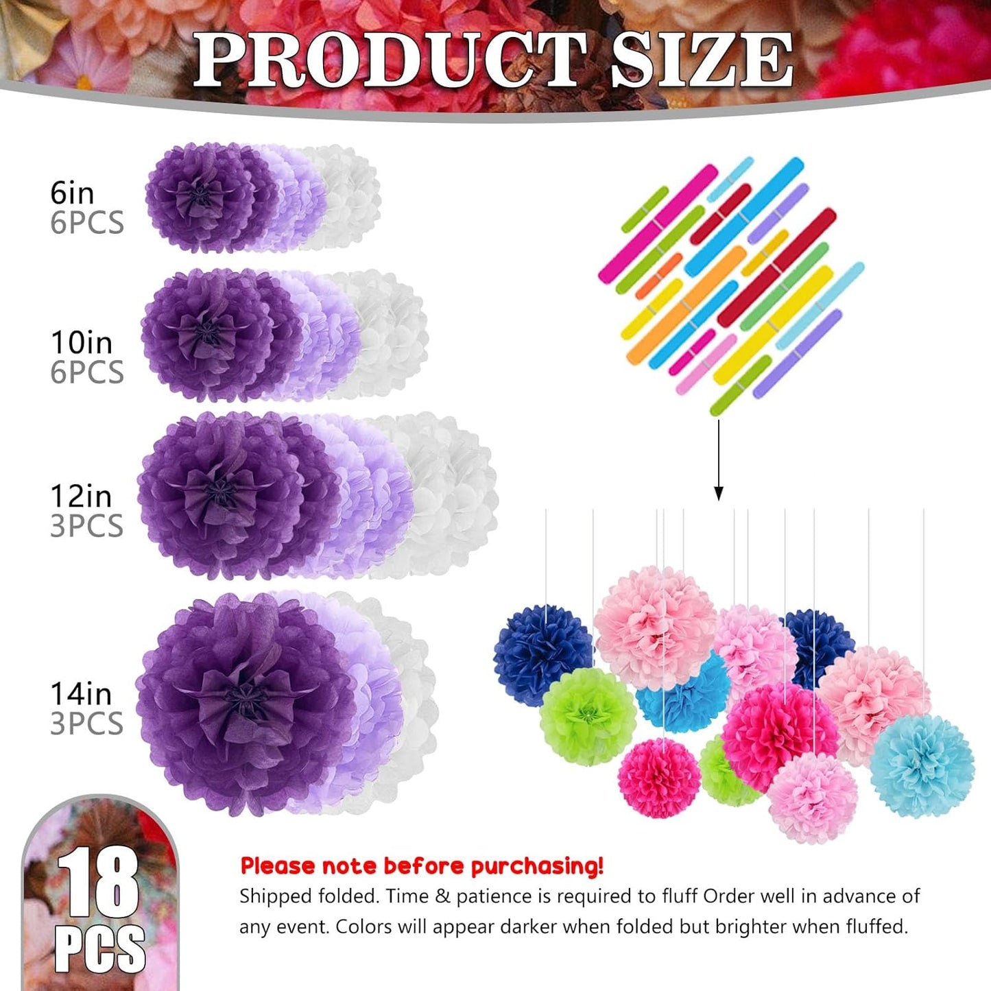 Tissue Paper Pom Poms, Purple White Tissue Paper Flowers, Hanging Flower Balls for Weddings Fiesta Parties Birthday Baby Showers Classroom Bridal Shower Decoration (18Piece Set-6/10/12/14Inch)
