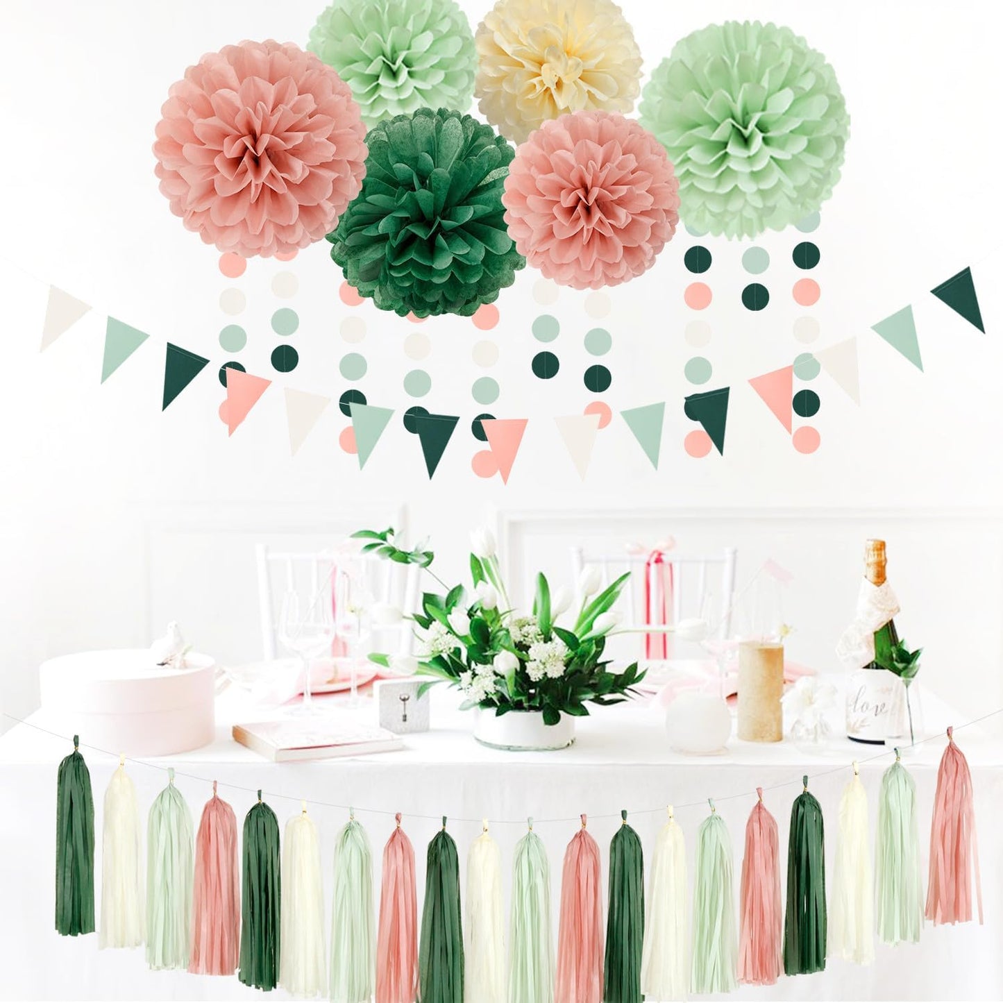 Sage-Olive Green Pink-Beige Boho Party Decorations -23pcs Rustic Neutral Wedding Paper Tissue Pom Poms Streamers,Tassel Garland Banner,Birthday Baby Bridal Shower Engagement Decor Lasting Surprise
