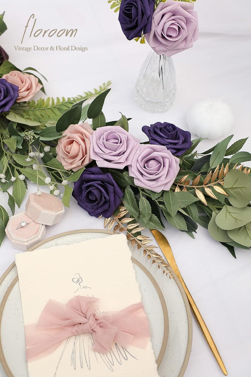 Floroom Artificial Flowers 25pcs Real Looking Lilac & Purple Foam Fake Roses with Stems for DIY Wedding Bouquets Bridal Shower Centerpieces Floral Arrangements Party Tables Home Decorations