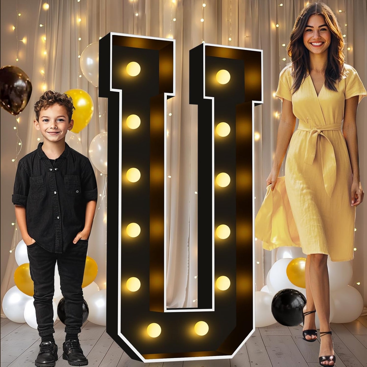 Pooqla 4 FT Marquee Light Up Letters, Black Marquee Letter Lights 4 Feet Tall for Birthday Decoration, Big Mosaic Letters Sign for Balloons Party Anniversary Wedding Decorations, Giant Warm White U