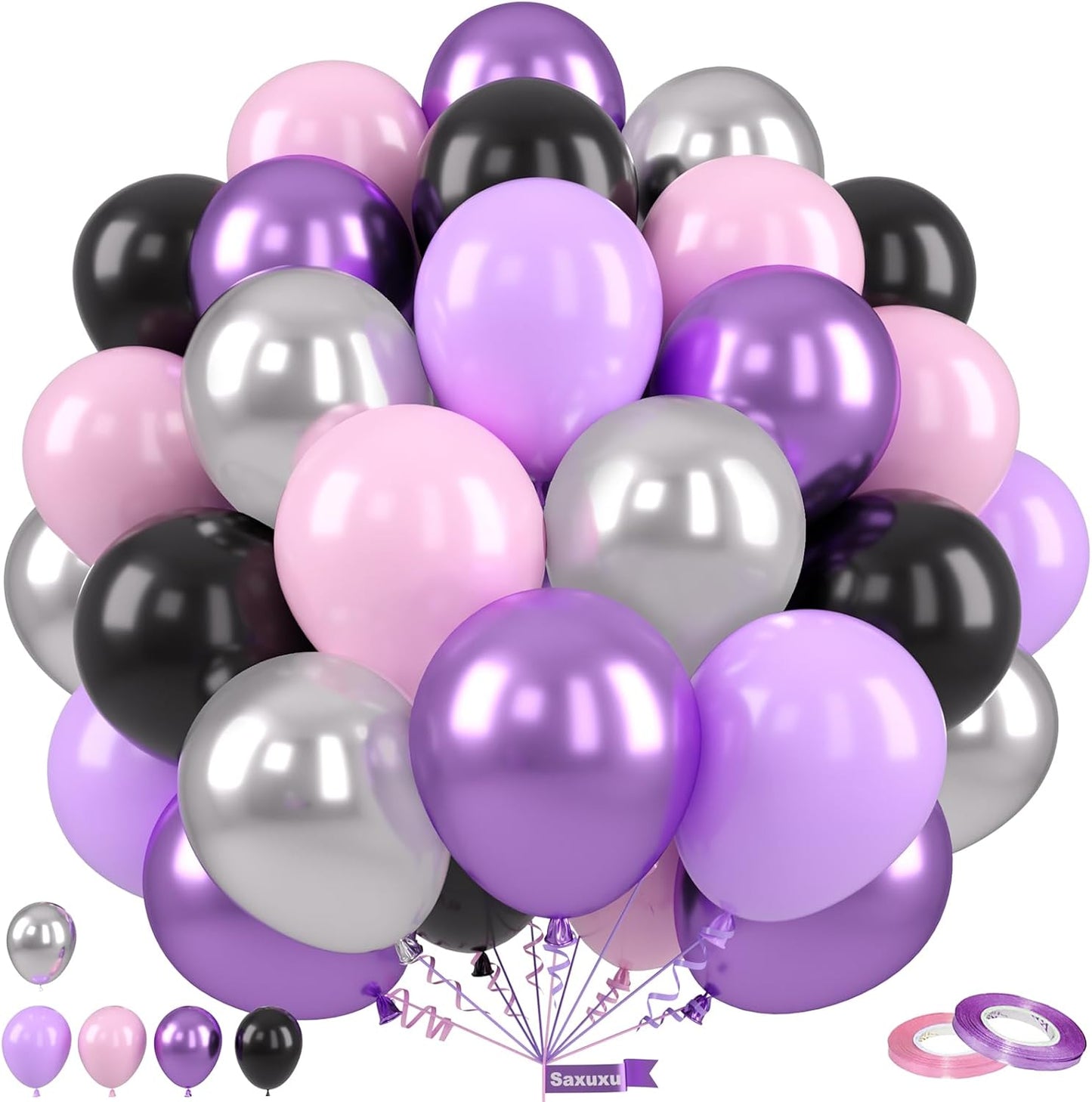 Purple Pink Balloons, 12 Inch Metallic Silver Purple Pink Black Balloons, Pastel Pink Purple Latex Helium Balloon for Girls Women Wedding Bride Shower Baby Shower Birthday Party Decorations