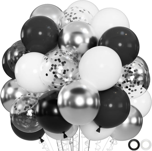 100pcs Black White Silver Balloon Kit - 12 Inch Metallic Silver Black White Confetti Balloons for New Year Eve Party Anniversary Birthday Graduation Decorations (66ft Ribbons)