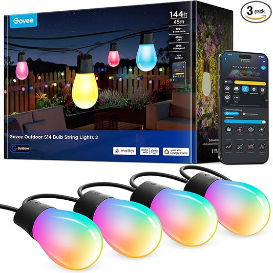 Govee S14 Bulb Outdoor String Lights 2, 144ft Smart RGBIC Warm White Patio Lights with 15 LED Bulbs, 111 Scene Modes for Outdoor Decor, Upgraded IP66 Compatible with Alexa, Google, Matter, APP Control