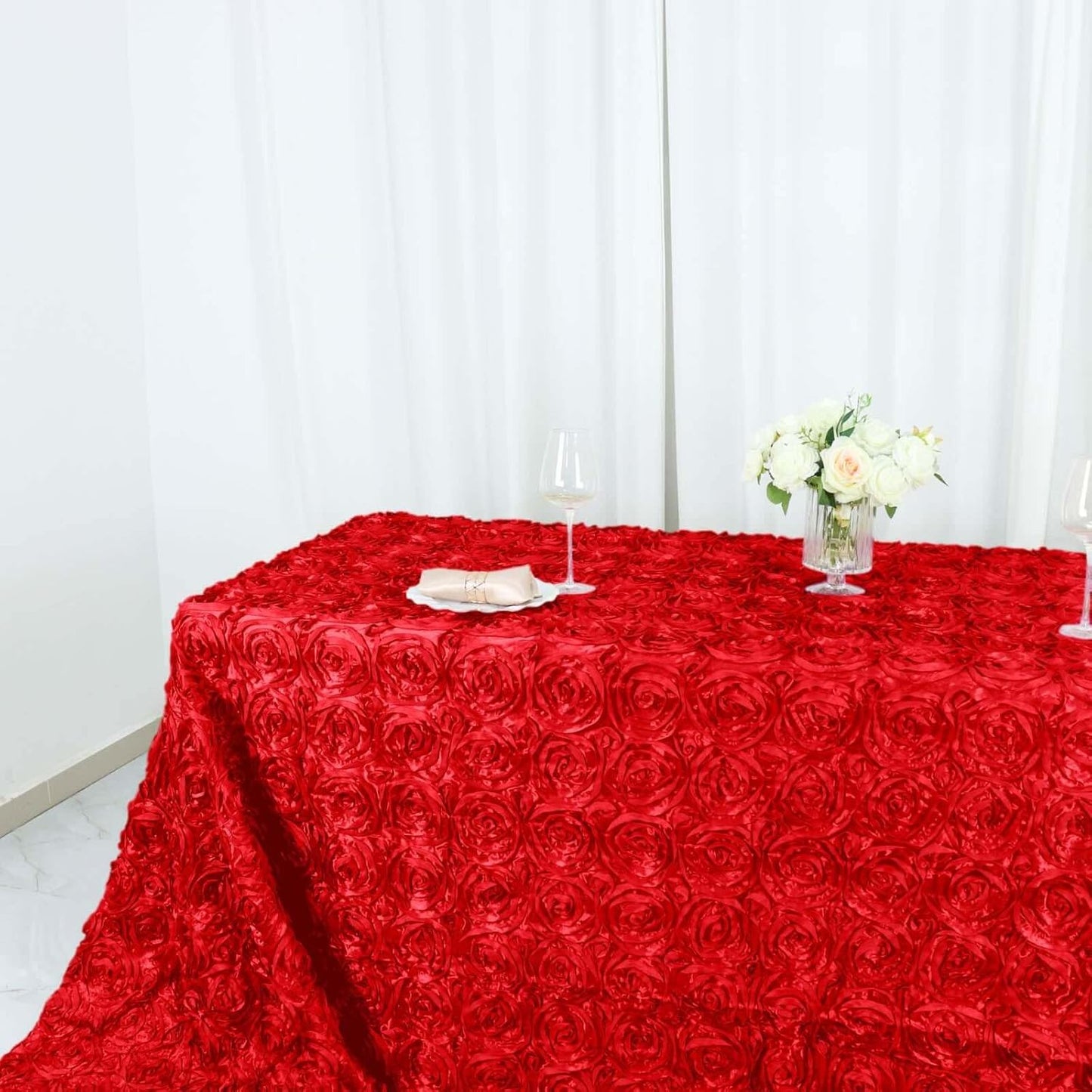 Efavormart 90"x156" Wholesale Rectangle Table Cover RED Grandiose Rosette 3D Satin Tablecloth for Wedding Party Event Decoration