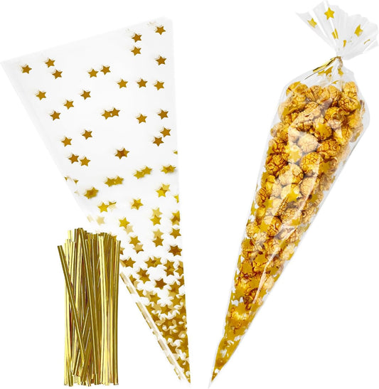 EKAPACKAGING 50Pcs Star Print 7x15 Inches Cone Shaped Treat Cellophane Bags Twist Tie Triangle Christmas Party Favor Cotton Candy Bags With Ties For Popcorn, Chocolates, Ice Cream Cone