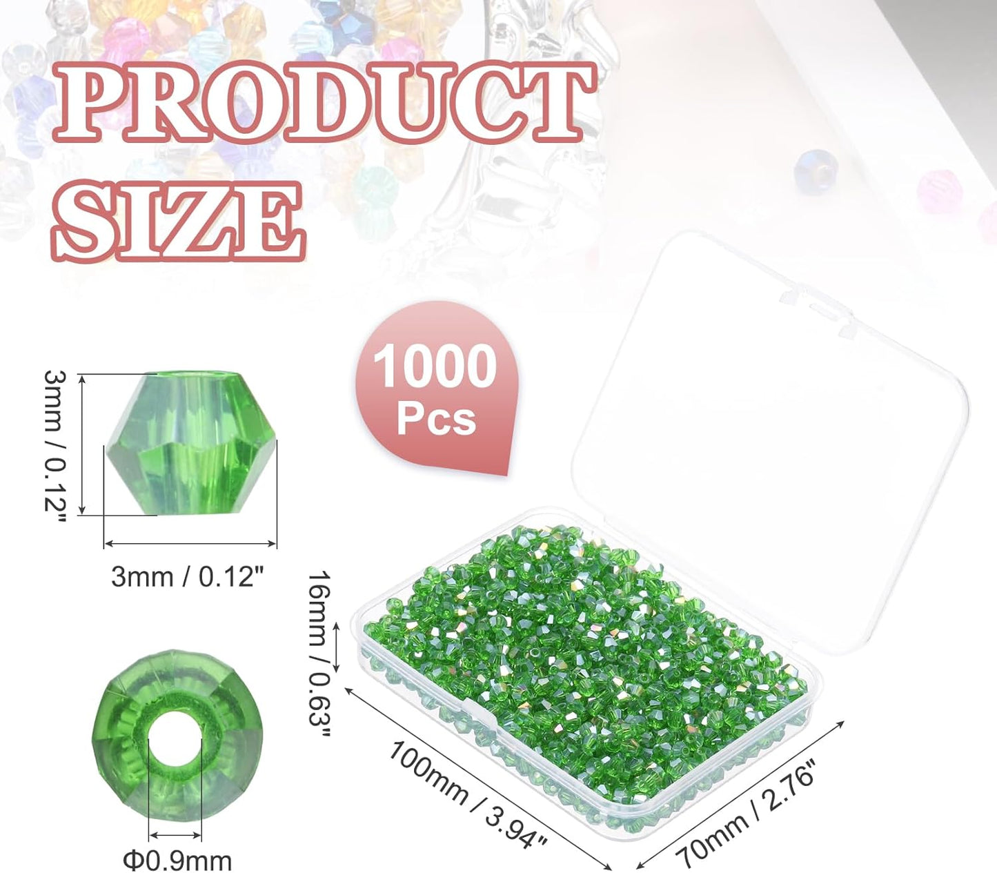 PATIKIL 1000pcs 3mm Bicone Glass Crystal Beads, Faceted Glass Spacer Beads with Box for Jewelry Making Bracelet Necklace Earrings DIY Suncatcher Craft, Grass Green AB