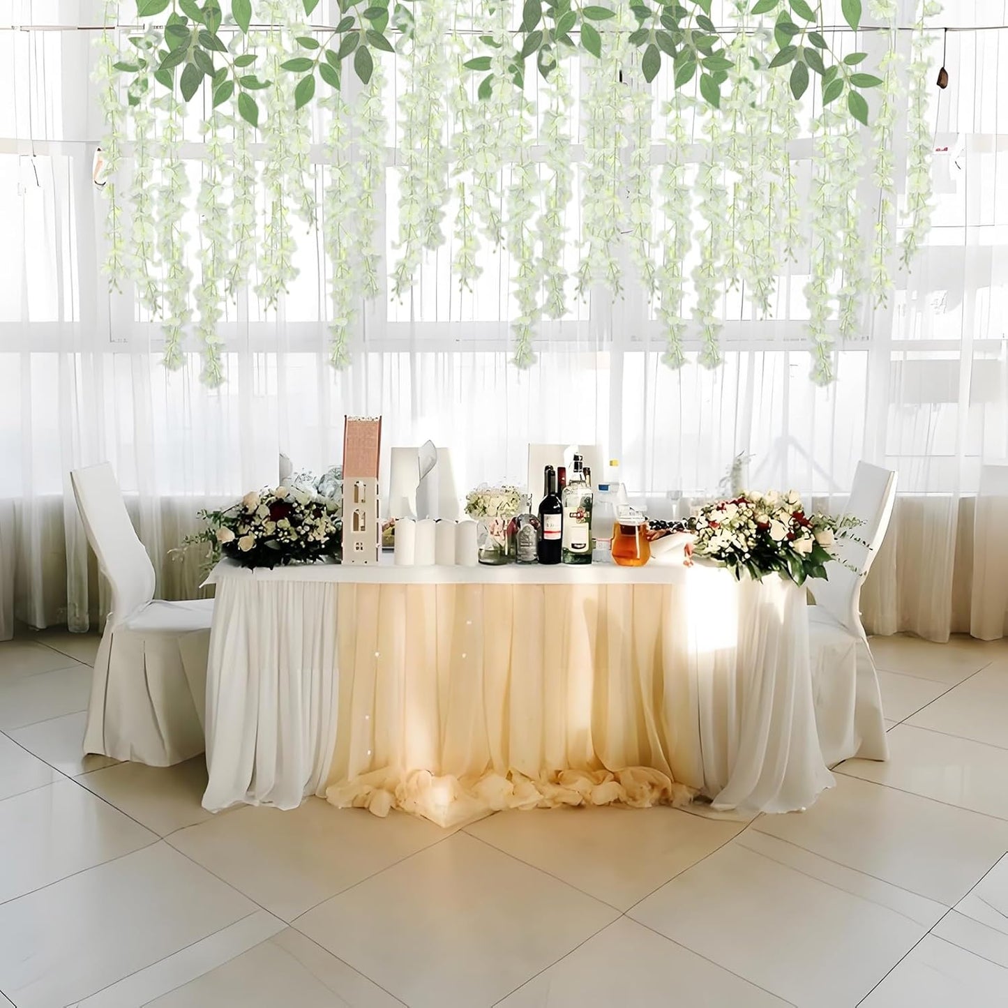 24 Pcs of Wisteria Hanging Flowers, 3.75 Feet Fake Wisteria Flower Strings, Artificial Wisteria Flowers Hanging Garland for Backdrop, Wedding, Ceremony,Garden and Home Wall Decoration (White)