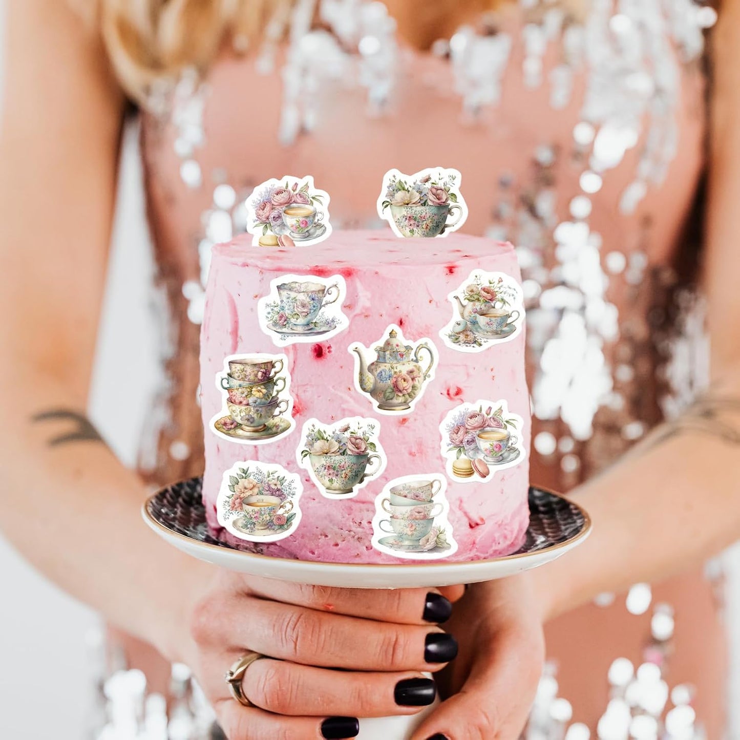 45PCS Edible Tea Party Cupcake Toppers Wafer Paper Teapot Teacup Cupcake Toppers Floral Tea Time Cake Picks Afternoon Tea Decorations for Tea Party Theme Baby Shower Decor Supplies