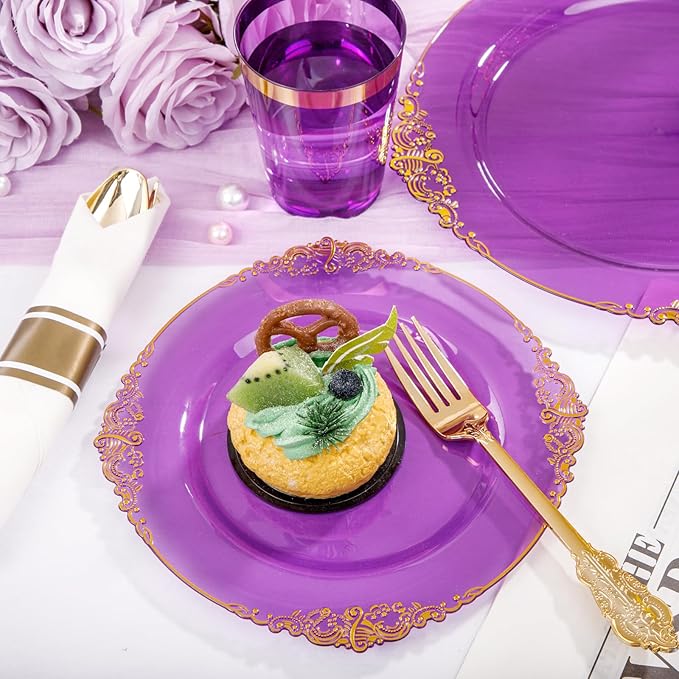 Hioasis 210pcs Purple and Gold Plates - Purple Party Plates for 30 Guest, Include 60 Heavy-duty Plates(20% Thicker Than Standard), 30 Pre Rolled gold Plastic goldware Set, 30 Cups