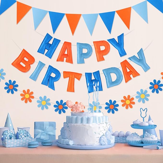 Felt Birthday Decorations, NO DIY, Pre-Strung 3D Felt Happy Birthday Banner with Fabric Flower Garland, Colorful Triangle Flags, Birthday Party Decorations for Women Men Boys Girls (BlueOrange)