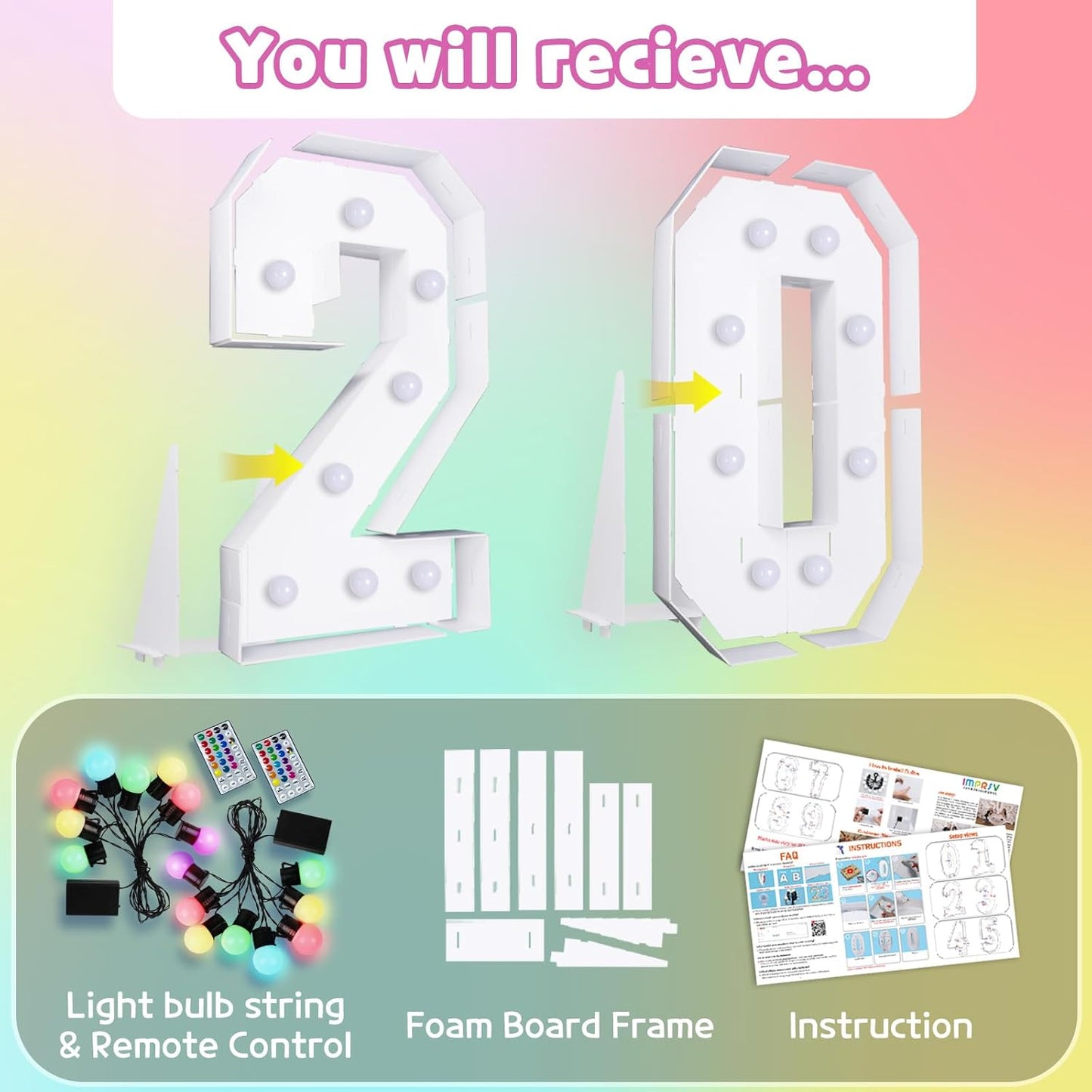 Marquee Numbers 20th-Birthday Decoration: Colorful 3FT Large Light Up 20 Year Old Birthday Decorations Anniversary Backdrop for Boys Girls Cardboard Sign 18 Colors Number 20 Mosaic Balloon Frame