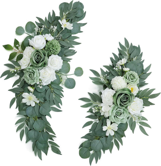 Artificial Sage Green Wedding Arch Flowers Swags Set of 2 for Welcome Signs, Reception and Ceremony Decorations - White Floral Decor