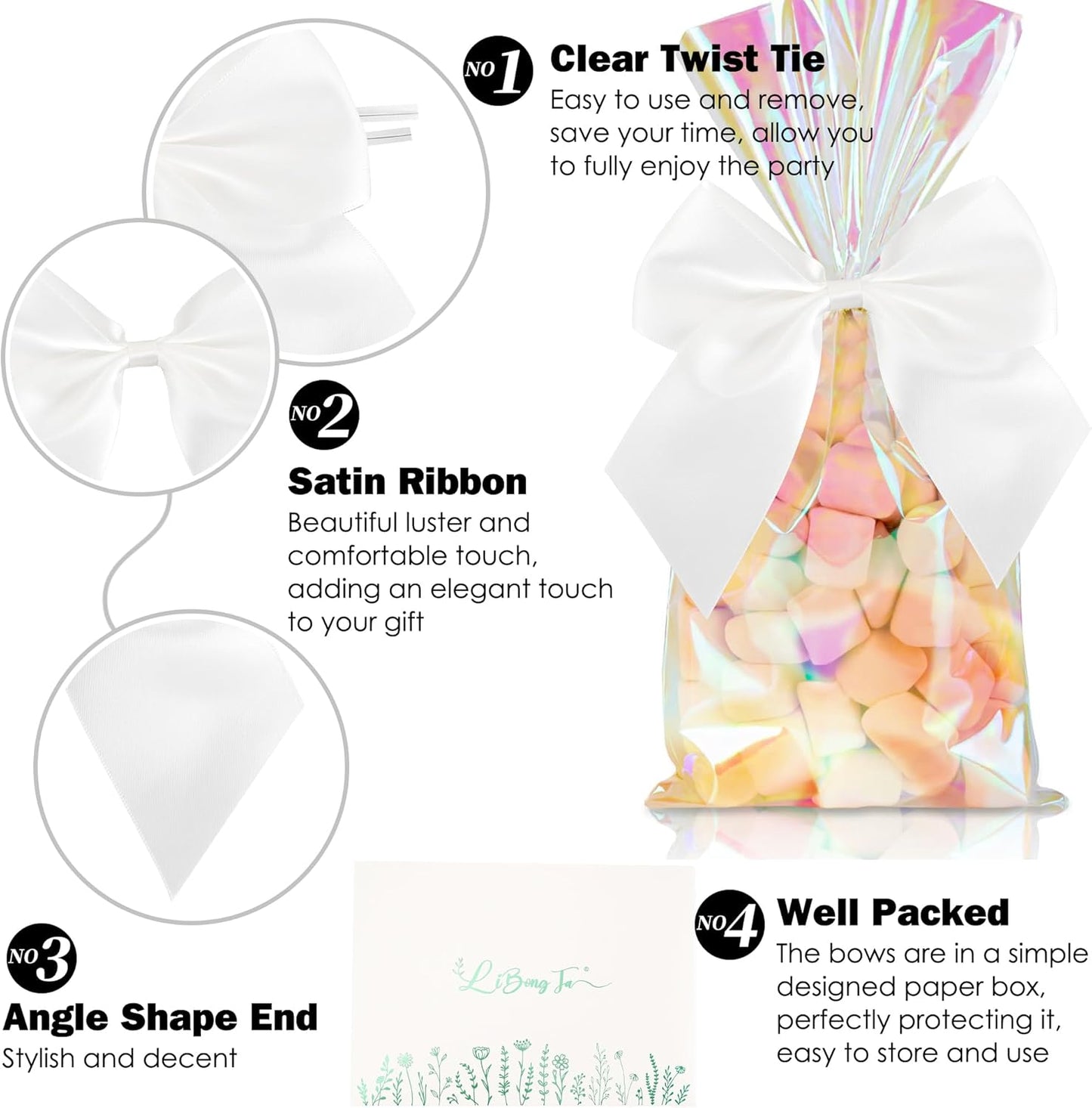 5'' White Bow Party Decorations Satin Bows, Twist Tie Bows for Treat Bags, Cake Pops, Pre-Tied Bow Premade Ribbon Bows for Crafts, Holiday Bows for Gift Wrapping, Wedding Decor-24 Counts