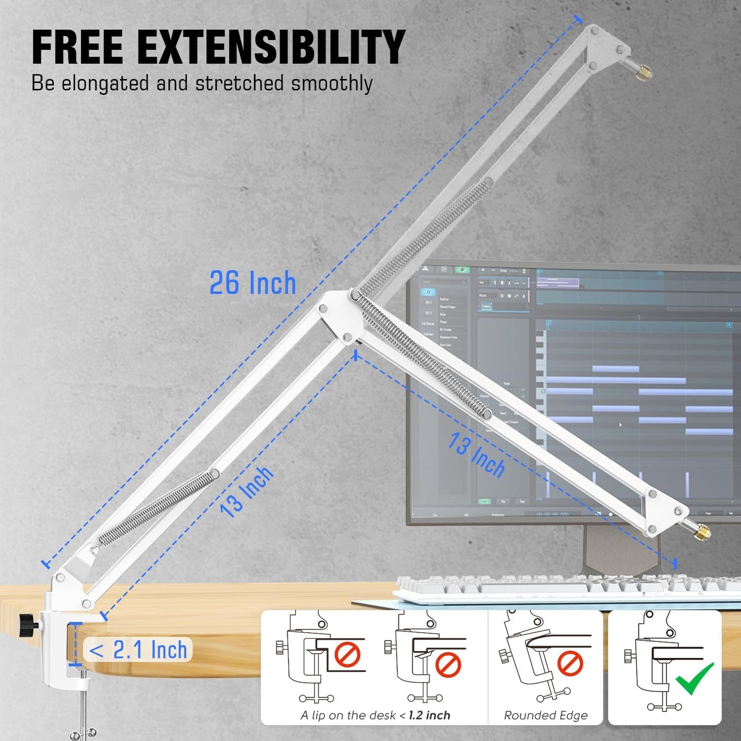 FIFINE Microphone Boom Arm, Suspension Mic Arm Stand with Mount Clamp, Metal Scissor Mic Stand with 3/8" to 5/8" Adapter for Home Studio Recording Podcast Gaming-CS1 White