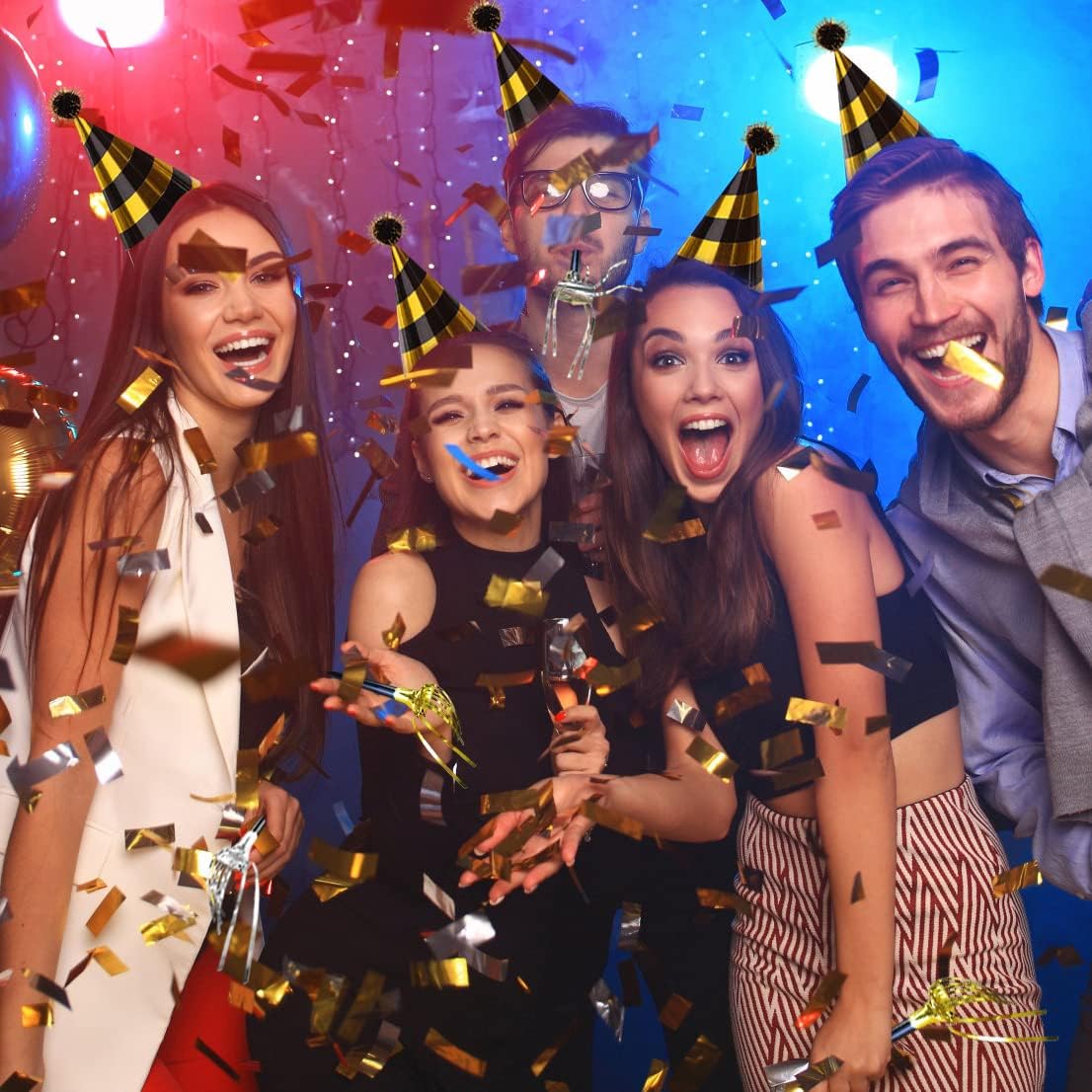 34 Pcs Birthday Party Hats - Gold Cone Hats Including 12 Paper Hats and 22 Noise Makers