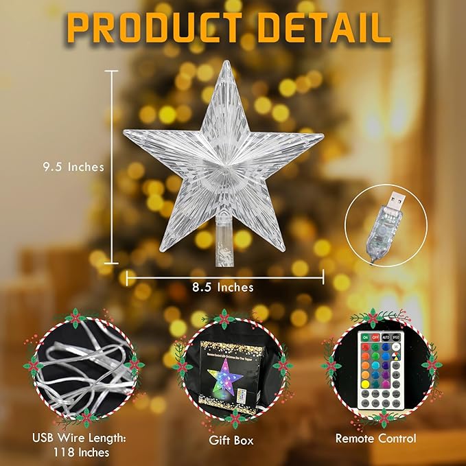 Christmas Tree Topper Star, 9.5 Inches Multi-Color LED Lighted Christmas Treetop Decorations with Remote, USB Powered for Xmas Holiday Party Decor Gift for Indoor/Outdoor