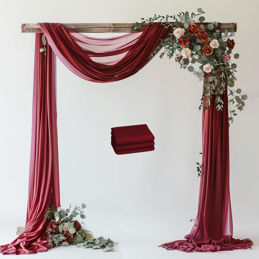 Wokceer Burgundy Wedding Arch Draping Fabric Backdrop 3 Panels 28.7" X 20FT Sheer Drapes Fabric for Wedding Arbor Ceremony Party