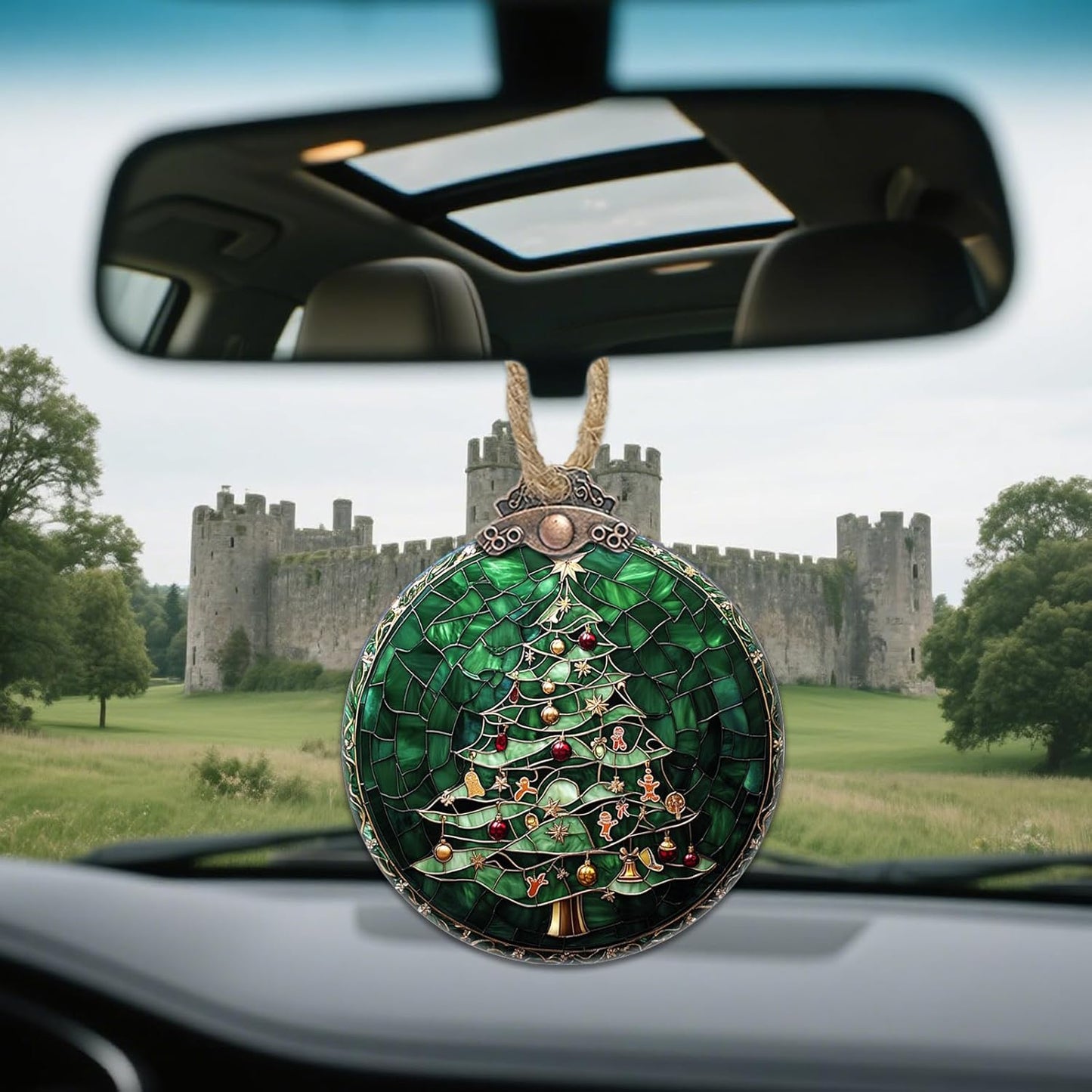 Stained Glass Christmas Decorations, Small Bell Pendant Suncatcher for Window Christmas Tree Hanging Ornaments Retro Green Sun Catcher Xmas Decor Gifts for Women Men Mom Nana Friend