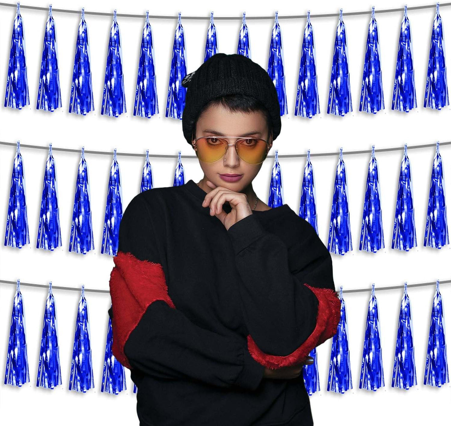 3P Metallic Fringe Tassel Banner Garland Foil Tinsel Streamer Wall Hanging Curtain Backdrop Banner for Parade Floats, Graduation Decorations, Retirement Party Decoration(Blue