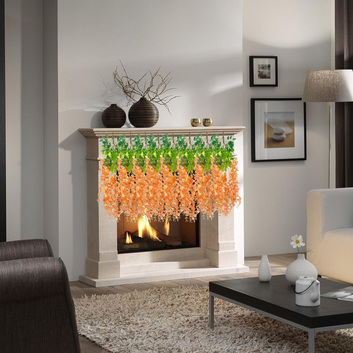 12 Pack Orange Wisteria Hanging Flowers Garland with Lights, 3.44 Feet Artificial Flower Vines, Fake Wisteria, Artificial Vines Hanging Garland for Backdrop Outdoor Patio Garden Decor