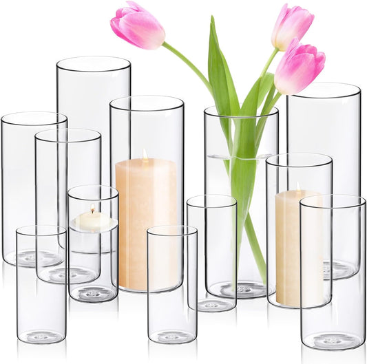Hurricane Candle Holders 24 PCS Cylinder Flower Vases, Pillar Votives Floating Candles Holder, Clear Glass Vase for Wedding Party Decoration 10" 7.8" 6"
