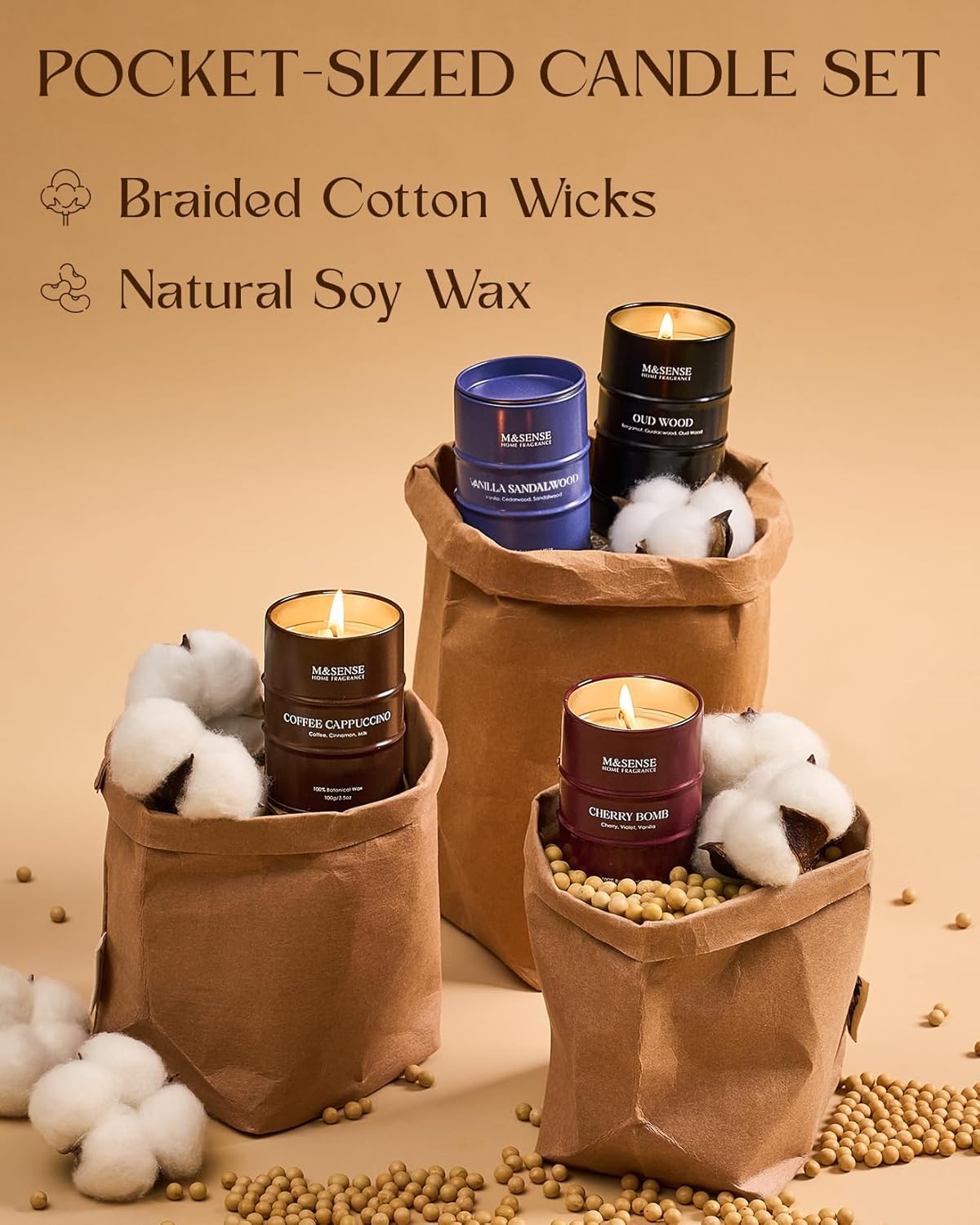 Fall Candles Set | Mini Scented Candles Gift Set | 4 Pack Candles for Home Scented Candle,Cherry Vanilla Oud Sandalwood Coffee Candle,Gift Set for Women and Men,Soy Wax 14 oz 86 Hour